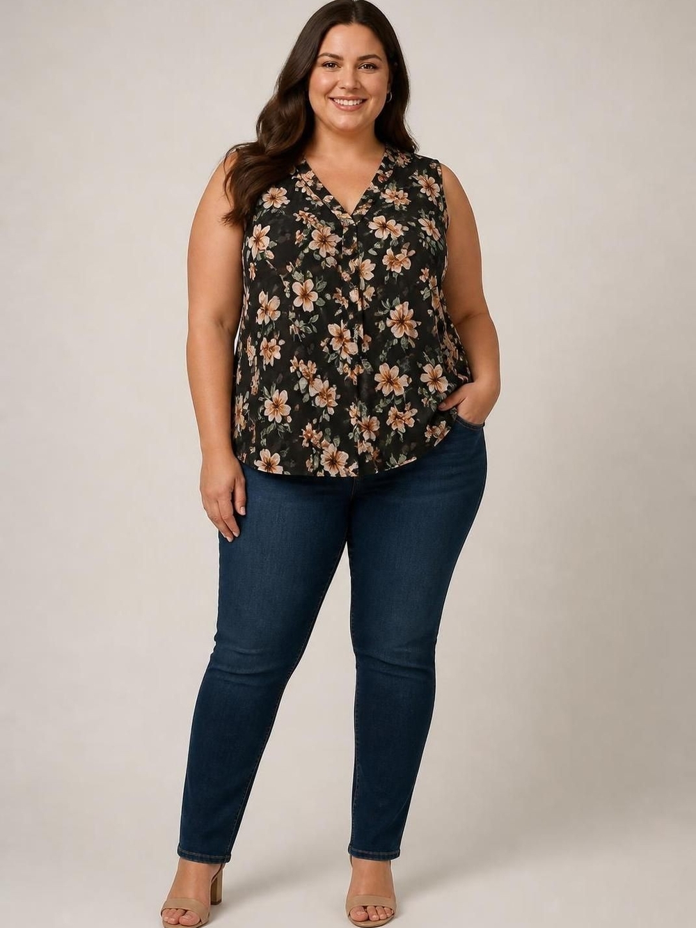 Siren Lily 3X Black Sleeveless Floral Tie-Neck Camisole with Peach Blooms
